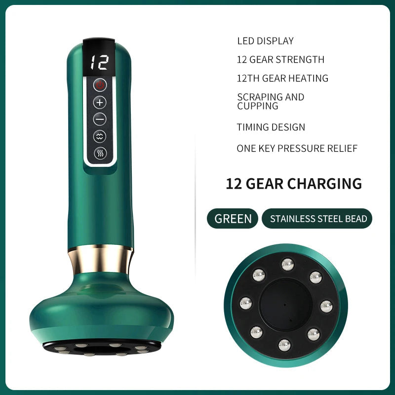 Electric Vacuum Cupping Massage Body Cups in green color, showcasing its ergonomic design and features for anti-cellulite therapy.