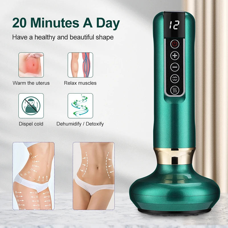 Electric Vacuum Cupping Massage Body Cups in green color, showcasing its ergonomic design and features for anti-cellulite therapy.