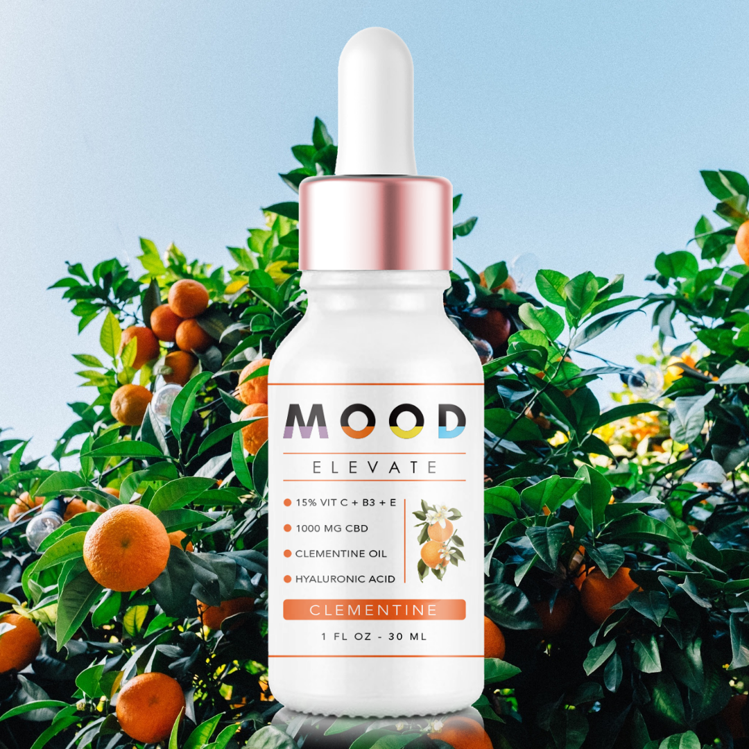 ELEVATE Face Serum bottle with a vibrant design, showcasing its natural ingredients like Vitamin C and Clementine Essential Oil.