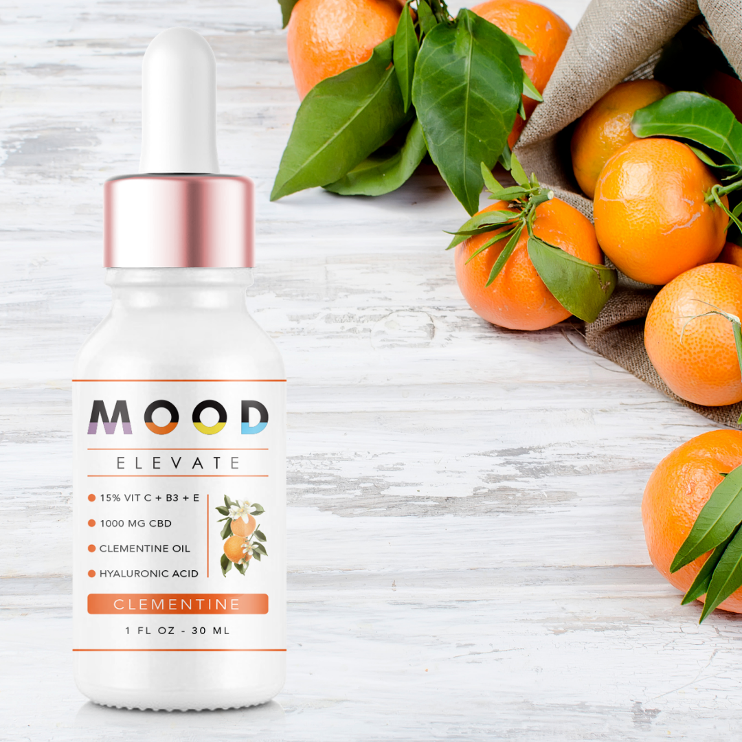 ELEVATE Face Serum bottle with a vibrant design, showcasing its natural ingredients like Vitamin C and Clementine Essential Oil.