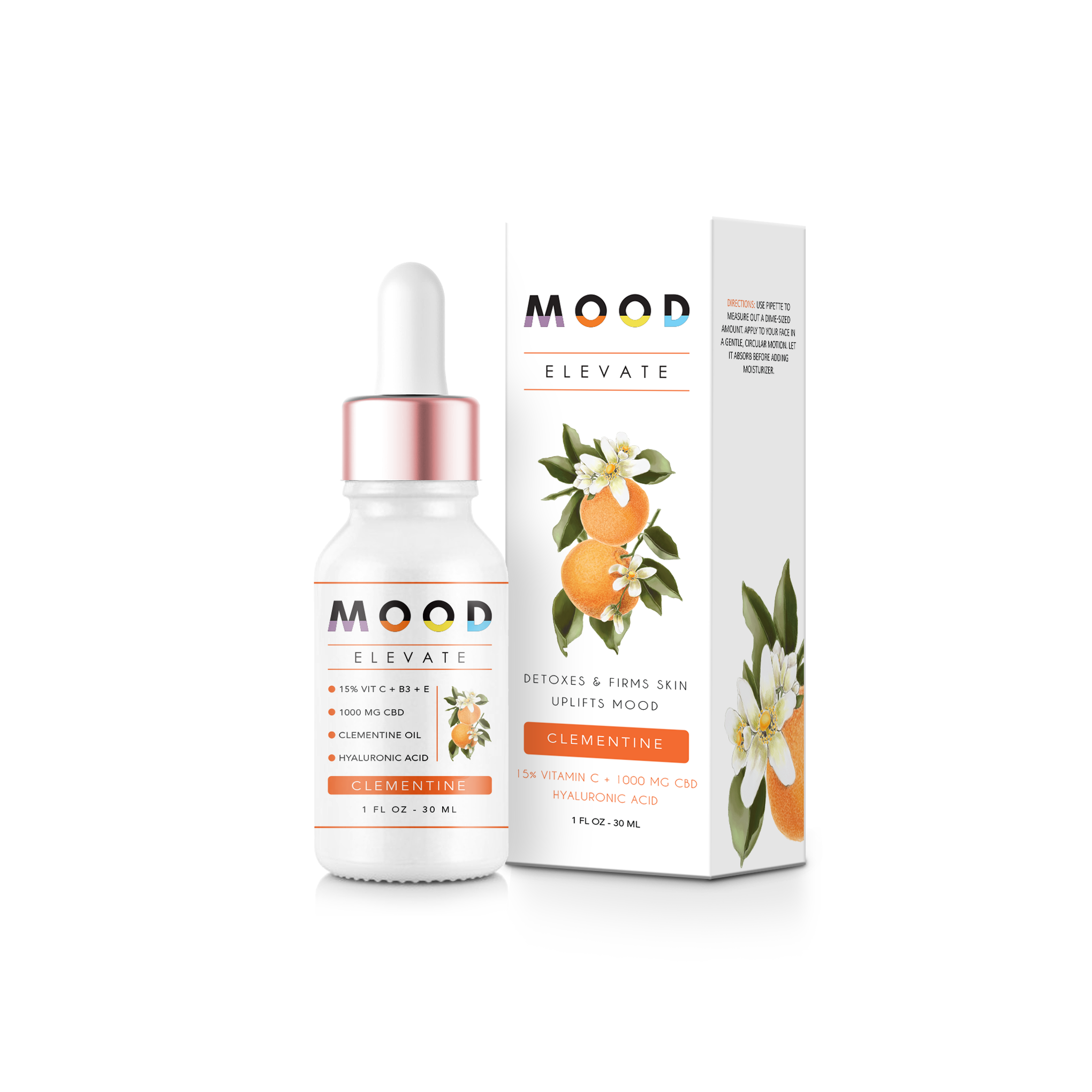 ELEVATE Face Serum bottle with a vibrant design, showcasing its natural ingredients like Vitamin C and Clementine Essential Oil.