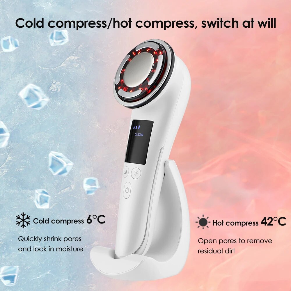 EMS Facial Massager featuring hot and cold therapy, LED lights, and a sleek design for effective skin rejuvenation.