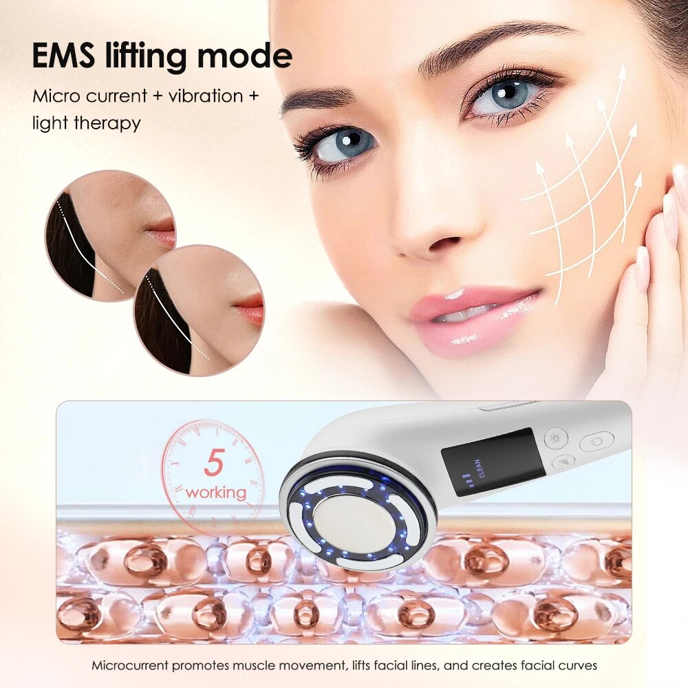 EMS Facial Massager featuring hot and cold therapy, LED lights, and a sleek design for effective skin rejuvenation.