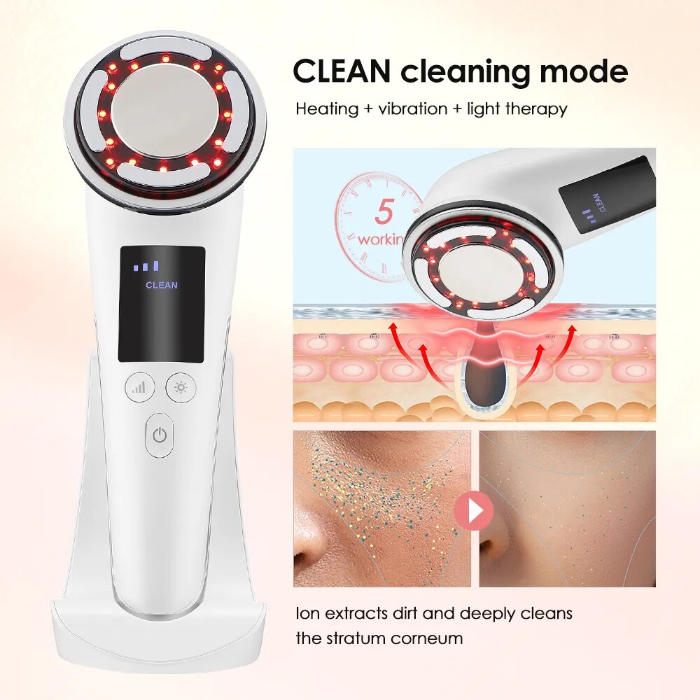 EMS Facial Massager featuring hot and cold therapy, LED lights, and a sleek design for effective skin rejuvenation.