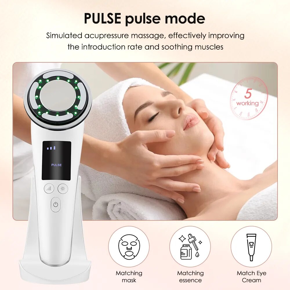 EMS Facial Massager featuring hot and cold therapy, LED lights, and a sleek design for effective skin rejuvenation.