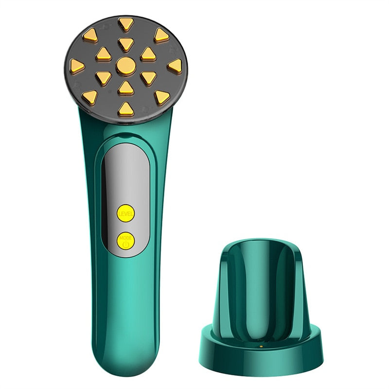 EMS Facial Massager in dark green color with LED light therapy features for anti-aging and wrinkle reduction.