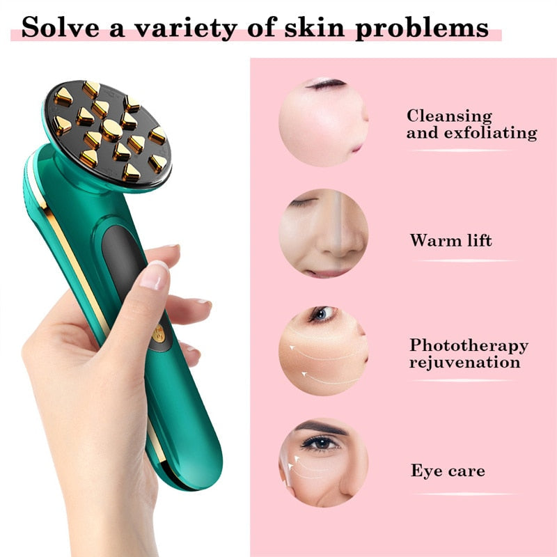 EMS Facial Massager in dark green color with LED light therapy features for anti-aging and wrinkle reduction.