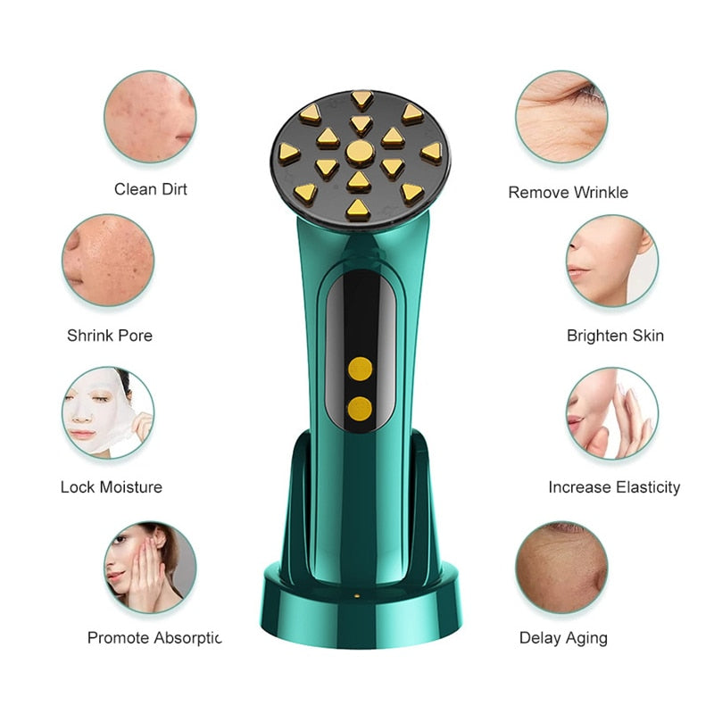 EMS Facial Massager in dark green color with LED light therapy features for anti-aging and wrinkle reduction.