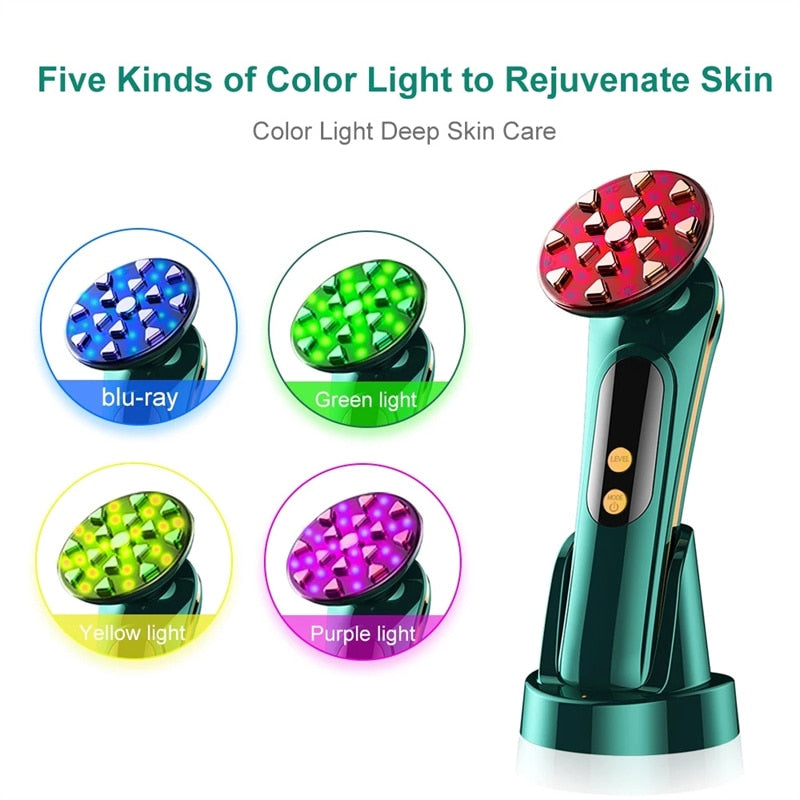 EMS Facial Massager in dark green color with LED light therapy features for anti-aging and wrinkle reduction.