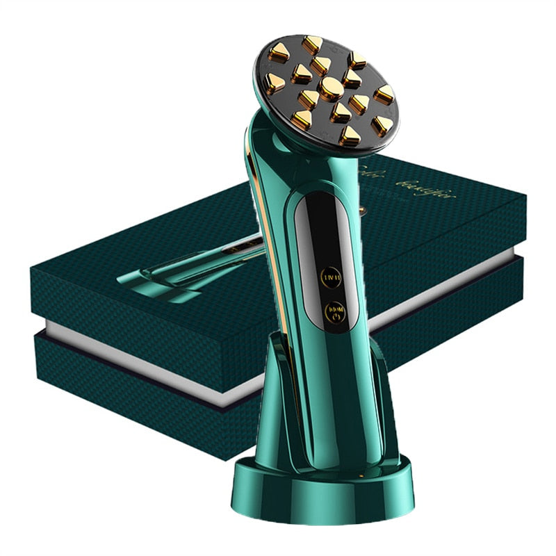 EMS Facial Massager in dark green color with LED light therapy features for anti-aging and wrinkle reduction.