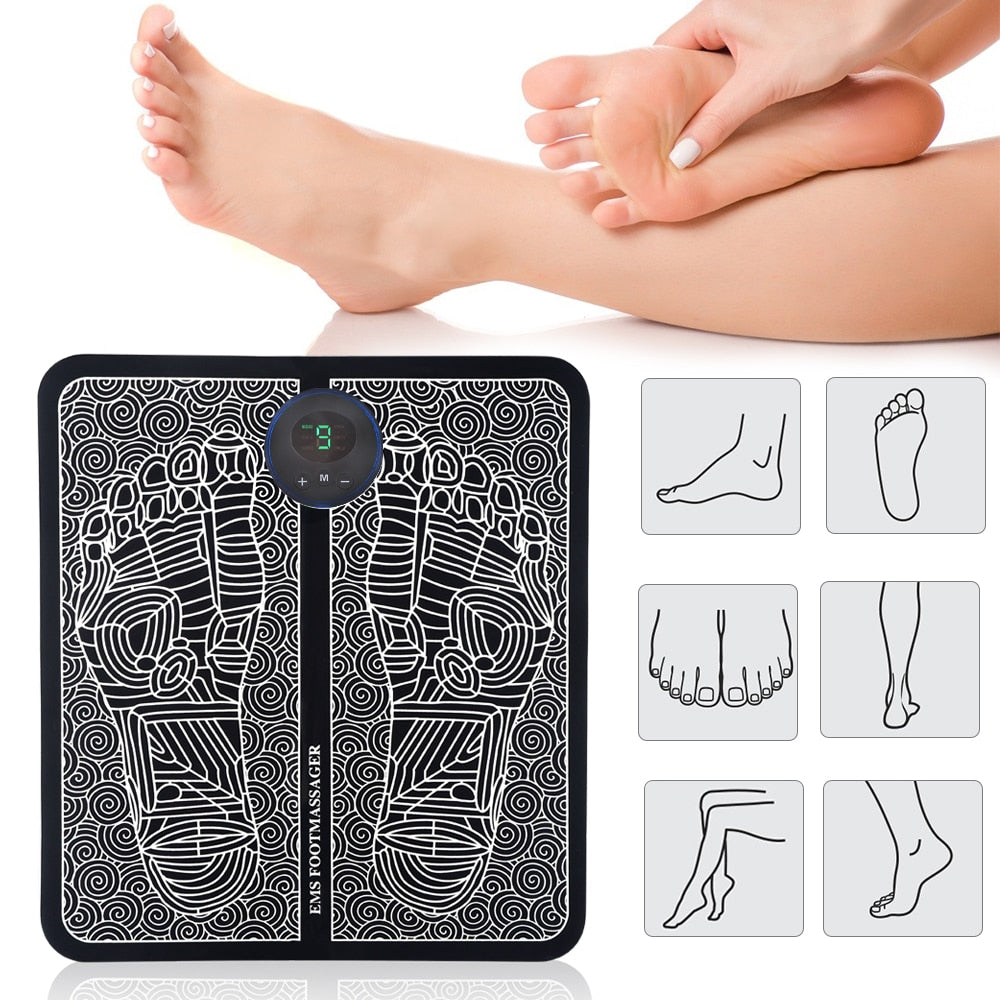 EMS Foot Massage Mat showcasing its sleek black design and compact size, ideal for physiotherapy and relaxation.