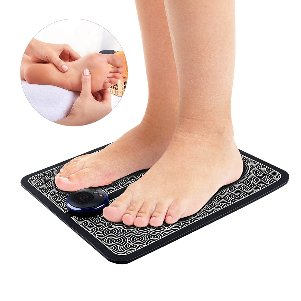 EMS Foot Massage Mat showcasing its sleek black design and compact size, ideal for physiotherapy and relaxation.