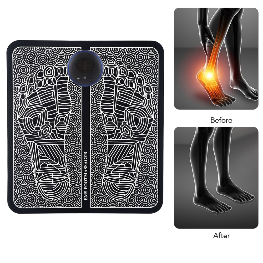 EMS Foot Massage Mat showcasing its sleek black design and compact size, ideal for physiotherapy and relaxation.