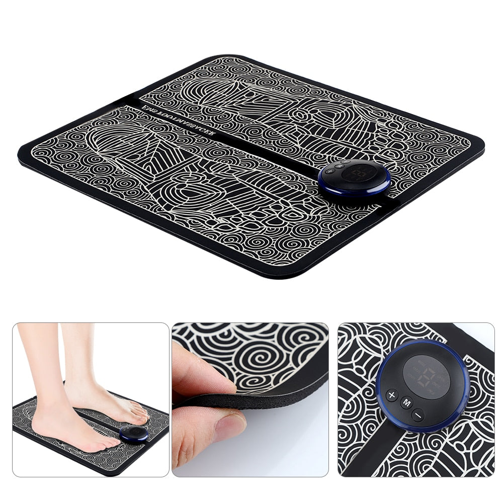 EMS Foot Massage Mat showcasing its sleek black design and compact size, ideal for physiotherapy and relaxation.