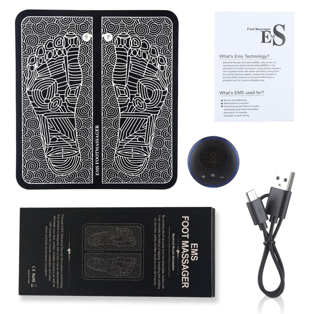 EMS Foot Massage Mat showcasing its sleek black design and compact size, ideal for physiotherapy and relaxation.