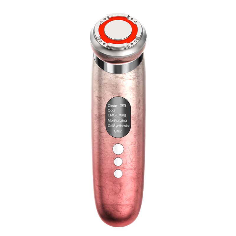 EMS Hot Cold Vibration Face Massager in red and blue, designed for acne removal and skin rejuvenation with USB charging.