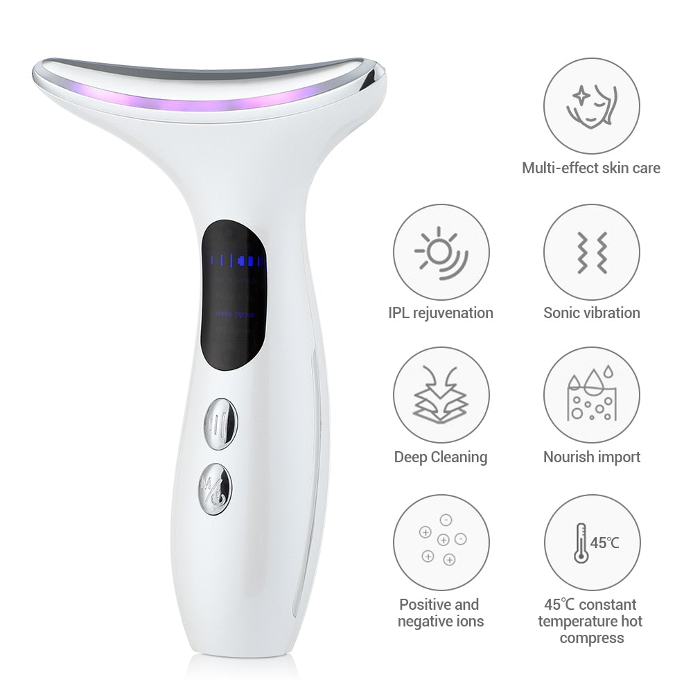 EMS Neck Face Beauty Device in white color, designed for skin lifting and rejuvenation with USB charging capability.