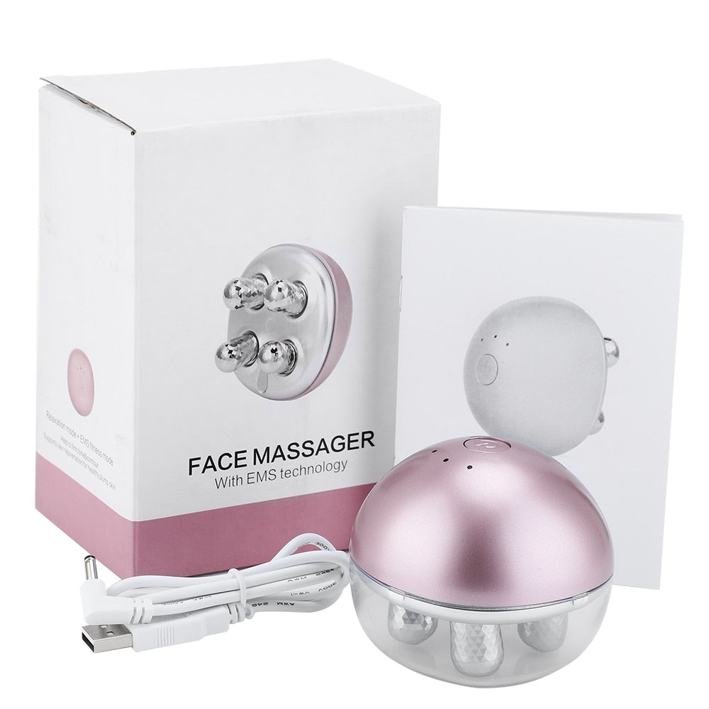 EMS Rechargeable Roller Face Lift Massager in rose red color, designed for facial lifting and tightening with a diamond cut surface.