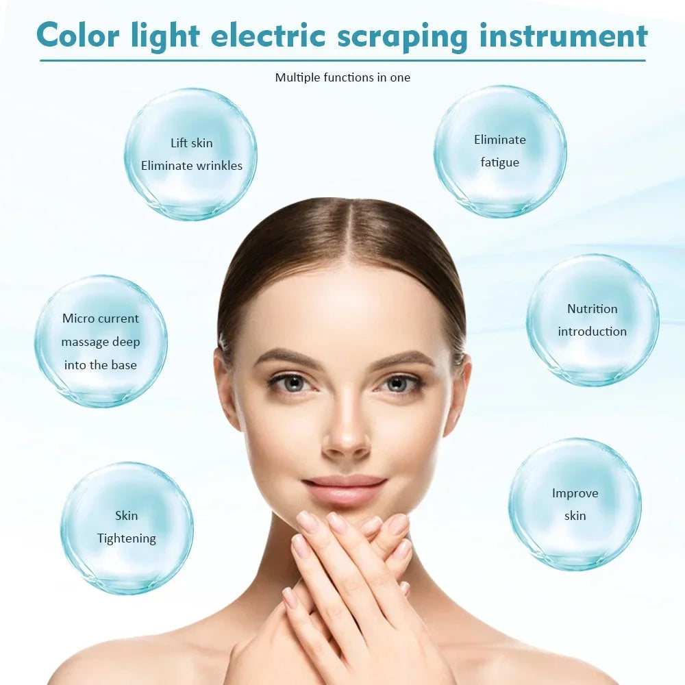 Ems V Face Gua Sha Machine in white with blue and red light features, designed for facial lifting and firming.