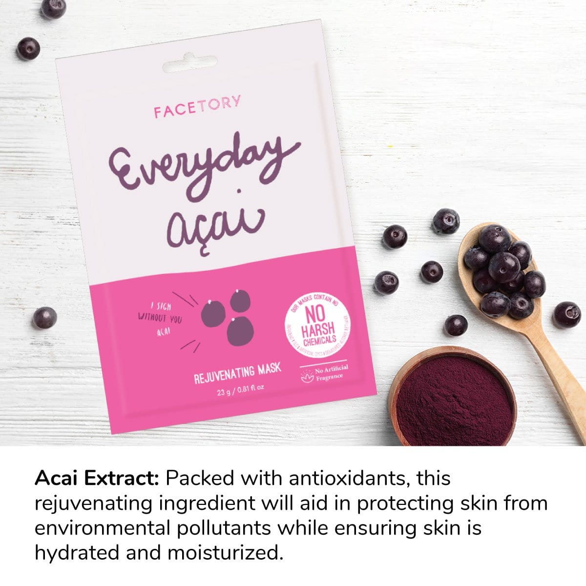 Everyday Acai Rejuvenating Sheet Mask featuring vibrant acai berry design, perfect for daily skincare.