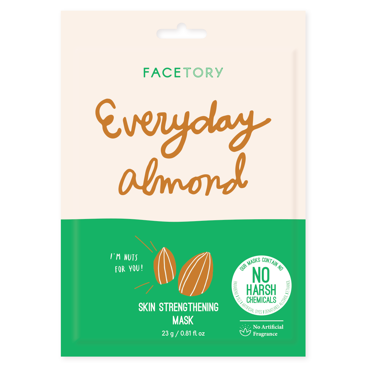 Everyday Almond Skin Strengthening Sheet Mask displayed on a clean surface, showcasing its packaging and design.