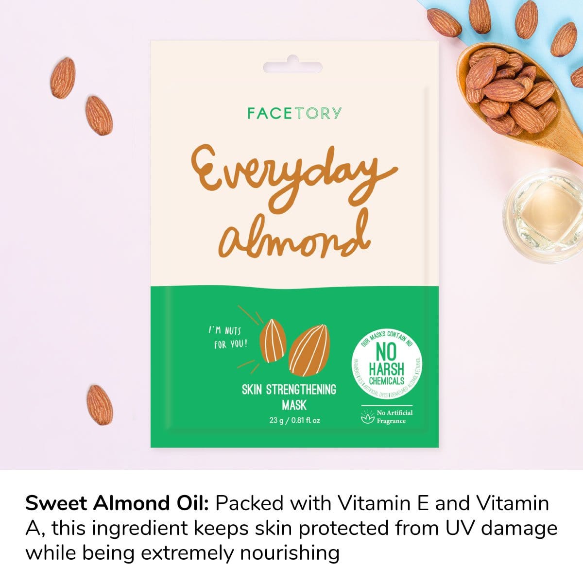 Everyday Almond Skin Strengthening Sheet Mask displayed on a clean surface, showcasing its packaging and design.