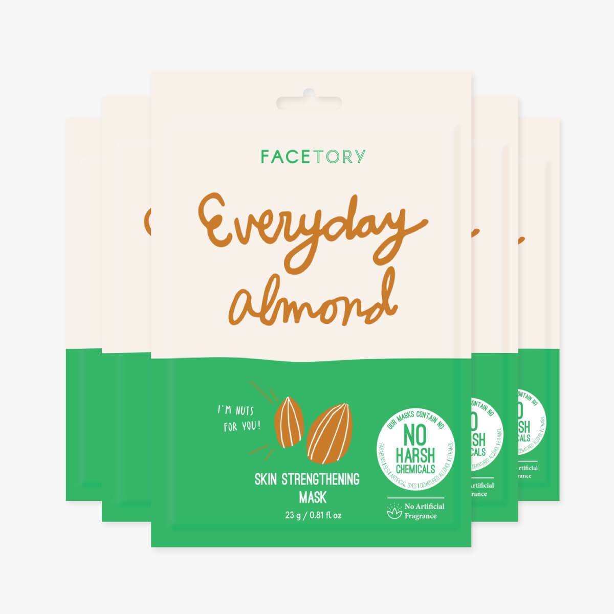 Everyday Almond Skin Strengthening Sheet Mask displayed on a clean surface, showcasing its packaging and design.