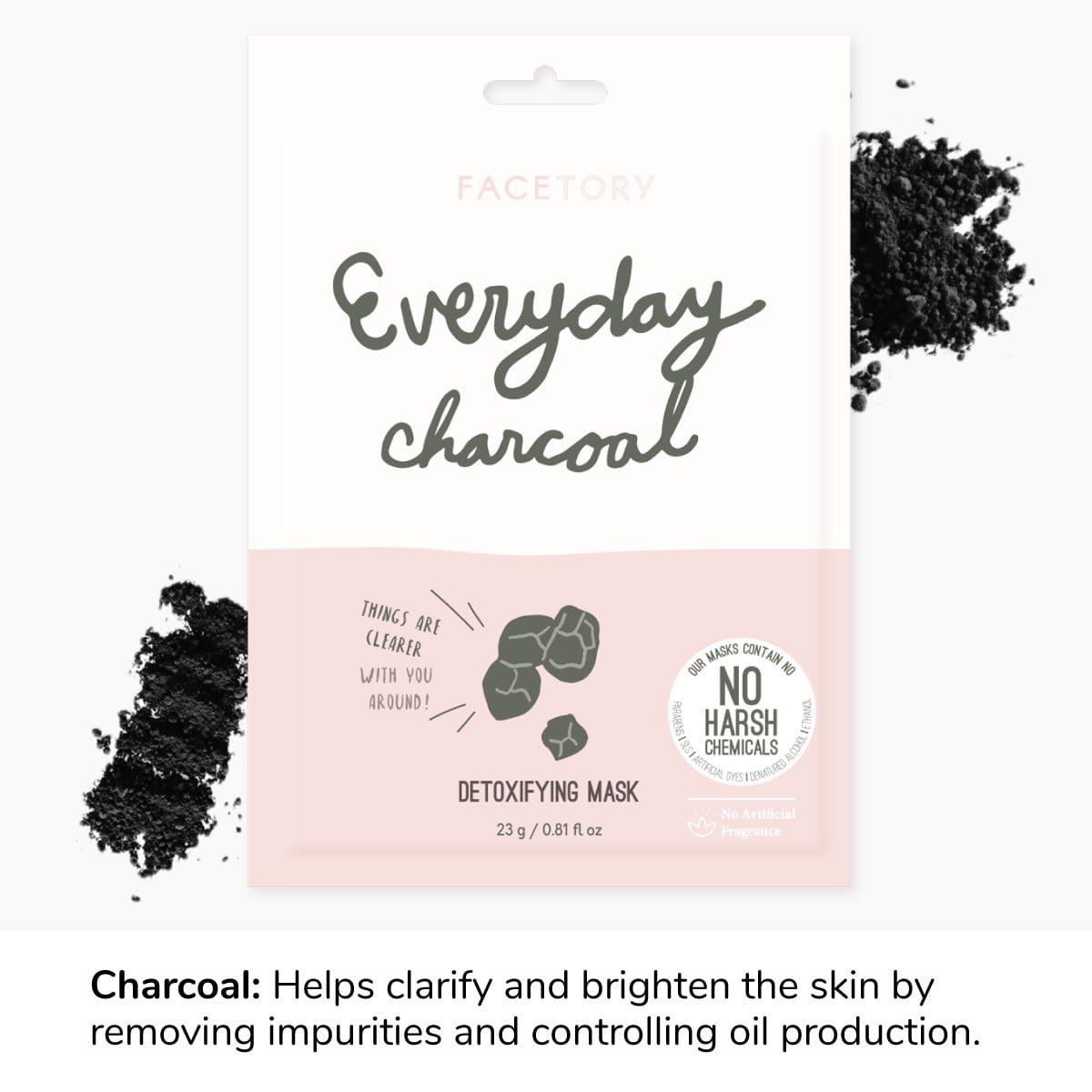 Everyday Charcoal Detoxifying Sheet Mask displayed on a clean surface, showcasing its packaging and texture.