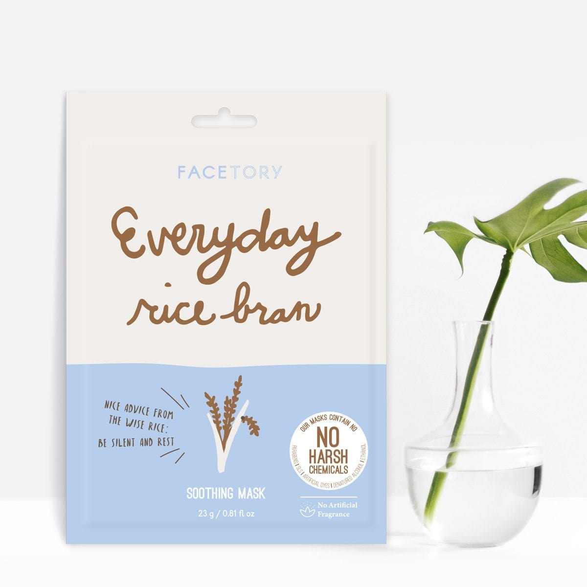 Everyday Rice Bran Soothing Sheet Mask displayed on a clean surface, showcasing its packaging and texture.