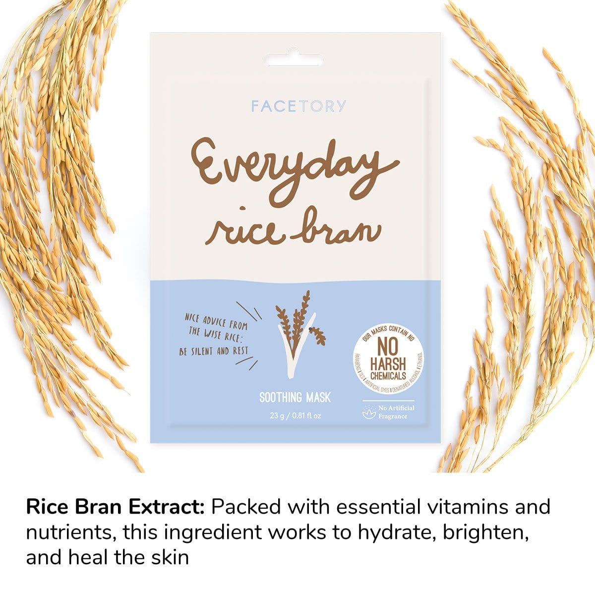 Everyday Rice Bran Soothing Sheet Mask displayed on a clean surface, showcasing its packaging and texture.