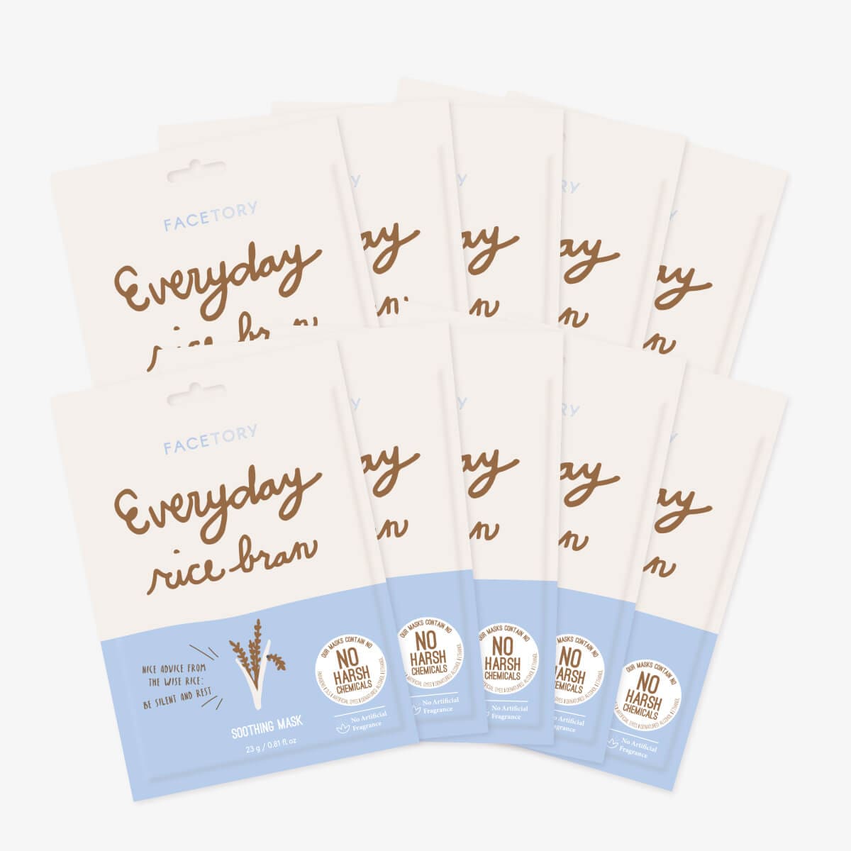 Everyday Rice Bran Soothing Sheet Mask displayed on a clean surface, showcasing its packaging and texture.