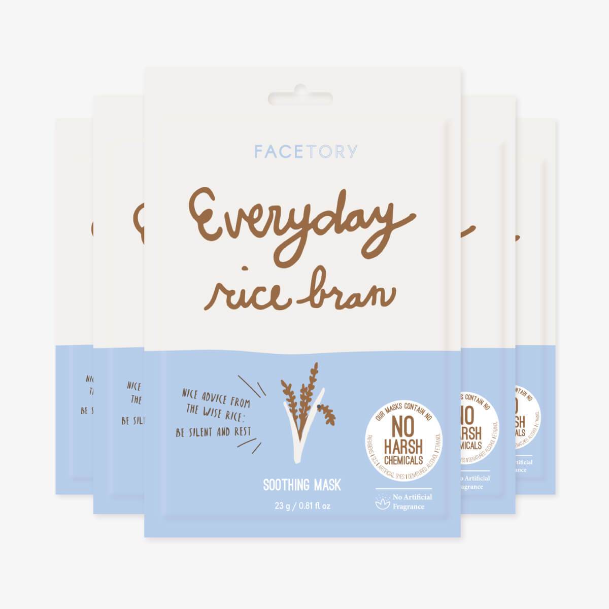 Everyday Rice Bran Soothing Sheet Mask displayed on a clean surface, showcasing its packaging and texture.