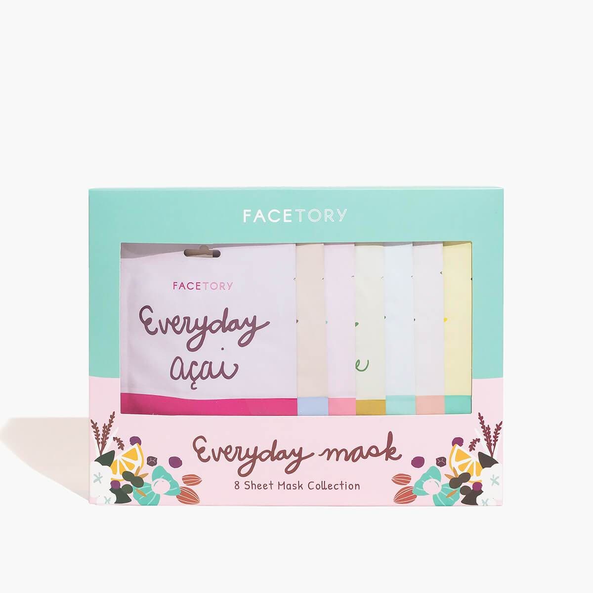 A collection of Everyday Sheet Masks in colorful packaging, showcasing various key ingredients for targeted skin benefits.