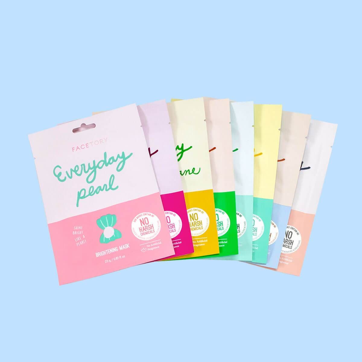 A collection of Everyday Sheet Masks in colorful packaging, showcasing various key ingredients for targeted skin benefits.