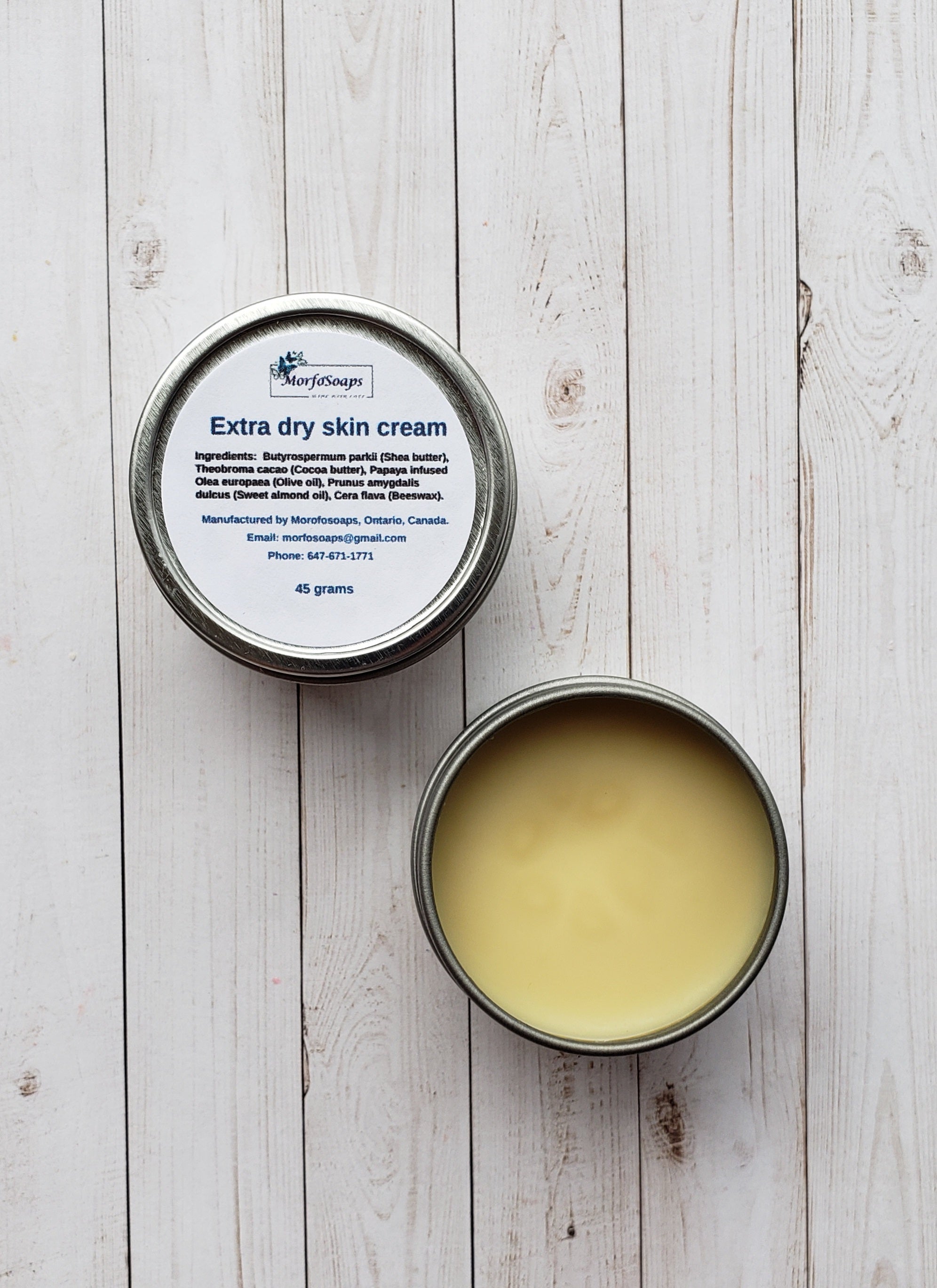 A jar of Morfosoaps Extra Dry Skin Cream with a smooth, creamy texture, showcasing its natural ingredients and luxurious appeal.