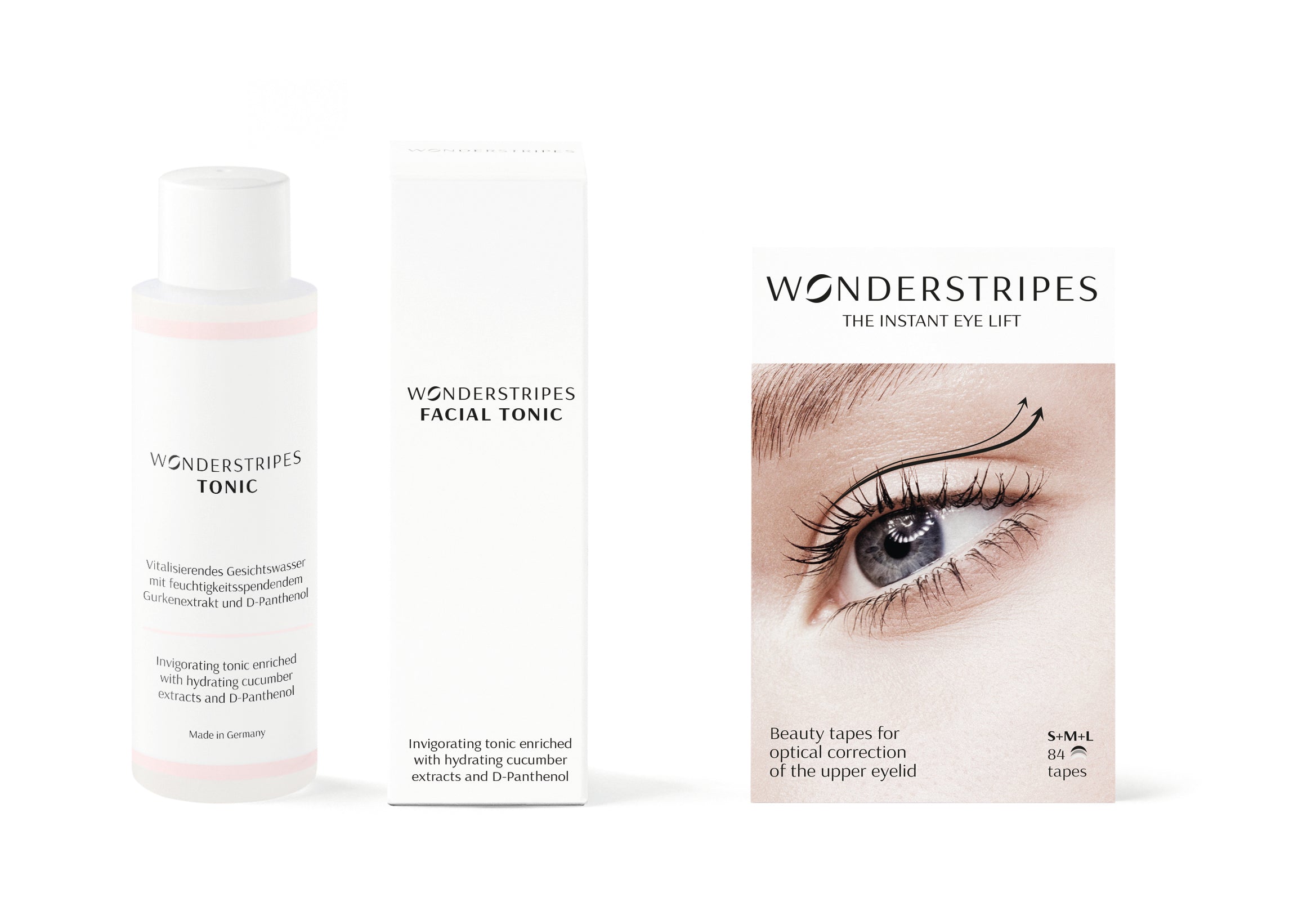 Eye Lifting Kit featuring a facial toner and various sizes of eyelid lifting strips for a youthful appearance.