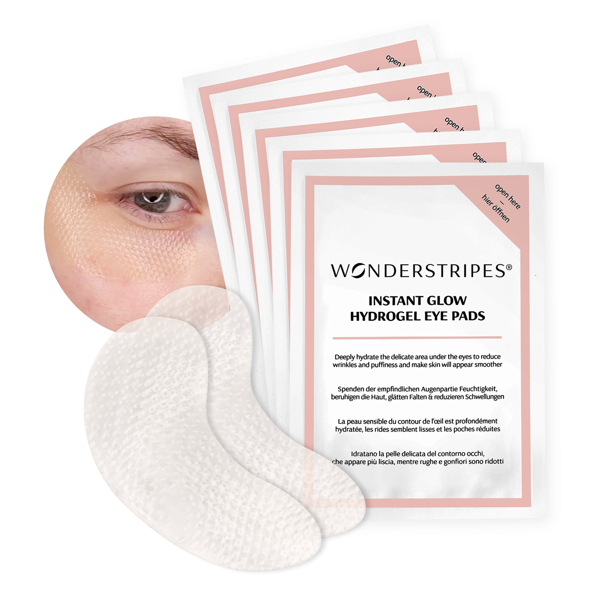 Five pairs of Instant Glow Eye Patches with high-quality ingredients for rejuvenating the eye area.