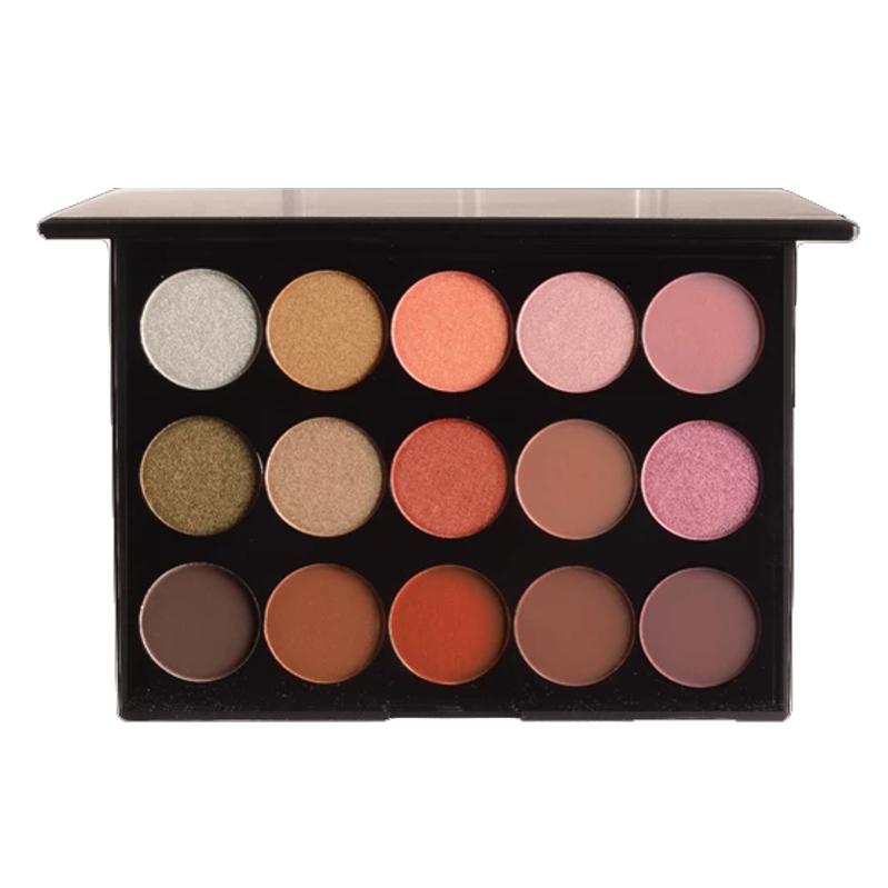 Eye Shadow Palette ESP201 featuring 15 high pigment neutral colors in matte and sparkly finishes.