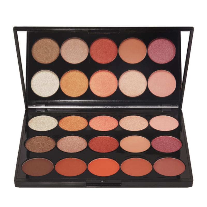 Eye Shadow Palette ESP201 featuring 15 high pigment neutral colors in matte and sparkly finishes.