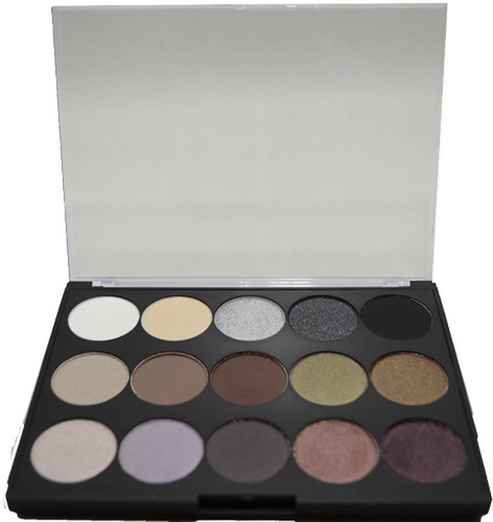 Eye Shadow Palette i14 featuring 15 high pigment neutral colors in matte and sparkly finishes.