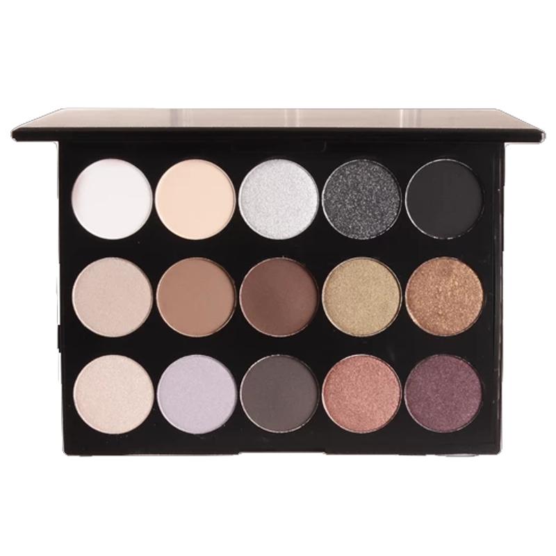 Eye Shadow Palette i14 featuring 15 high pigment neutral colors in matte and sparkly finishes.