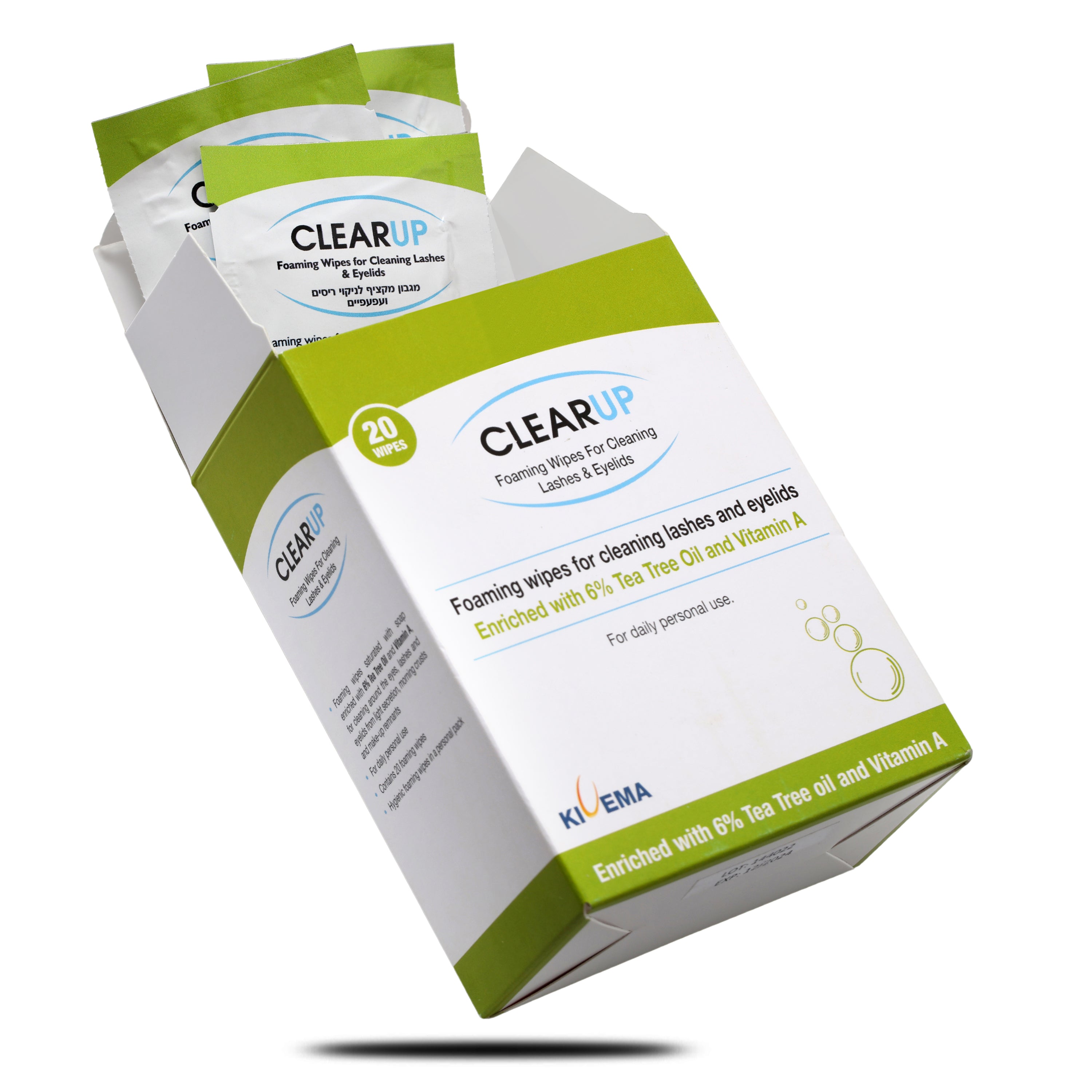 A pack of Eyelid Wipes with 6% Tea Tree Oil, showcasing the product's packaging and highlighting its natural ingredients.