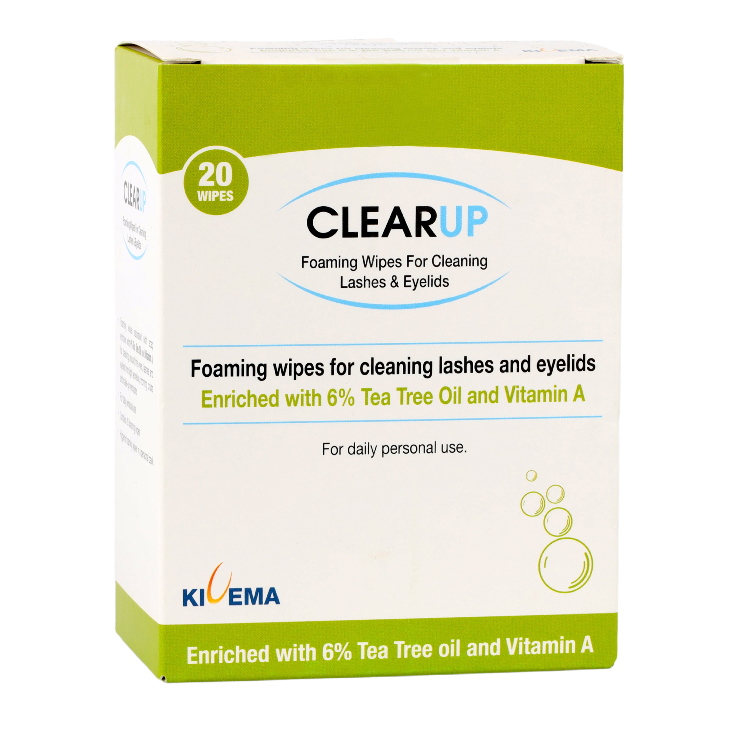 A pack of Eyelid Wipes with 6% Tea Tree Oil, showcasing the product's packaging and highlighting its natural ingredients.