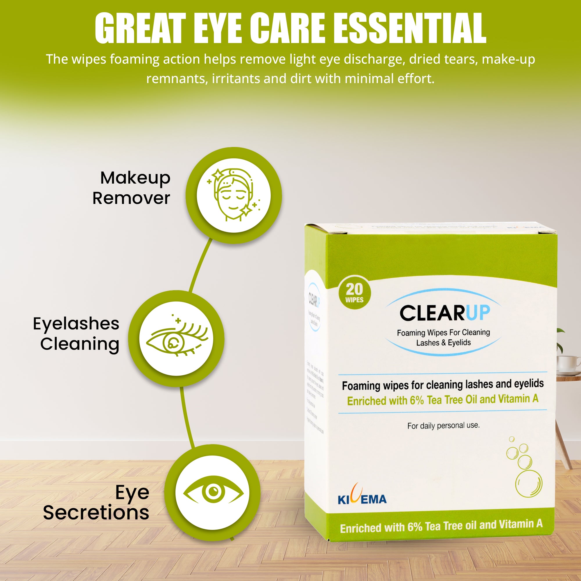 A pack of Eyelid Wipes with 6% Tea Tree Oil, showcasing the product's packaging and highlighting its natural ingredients.