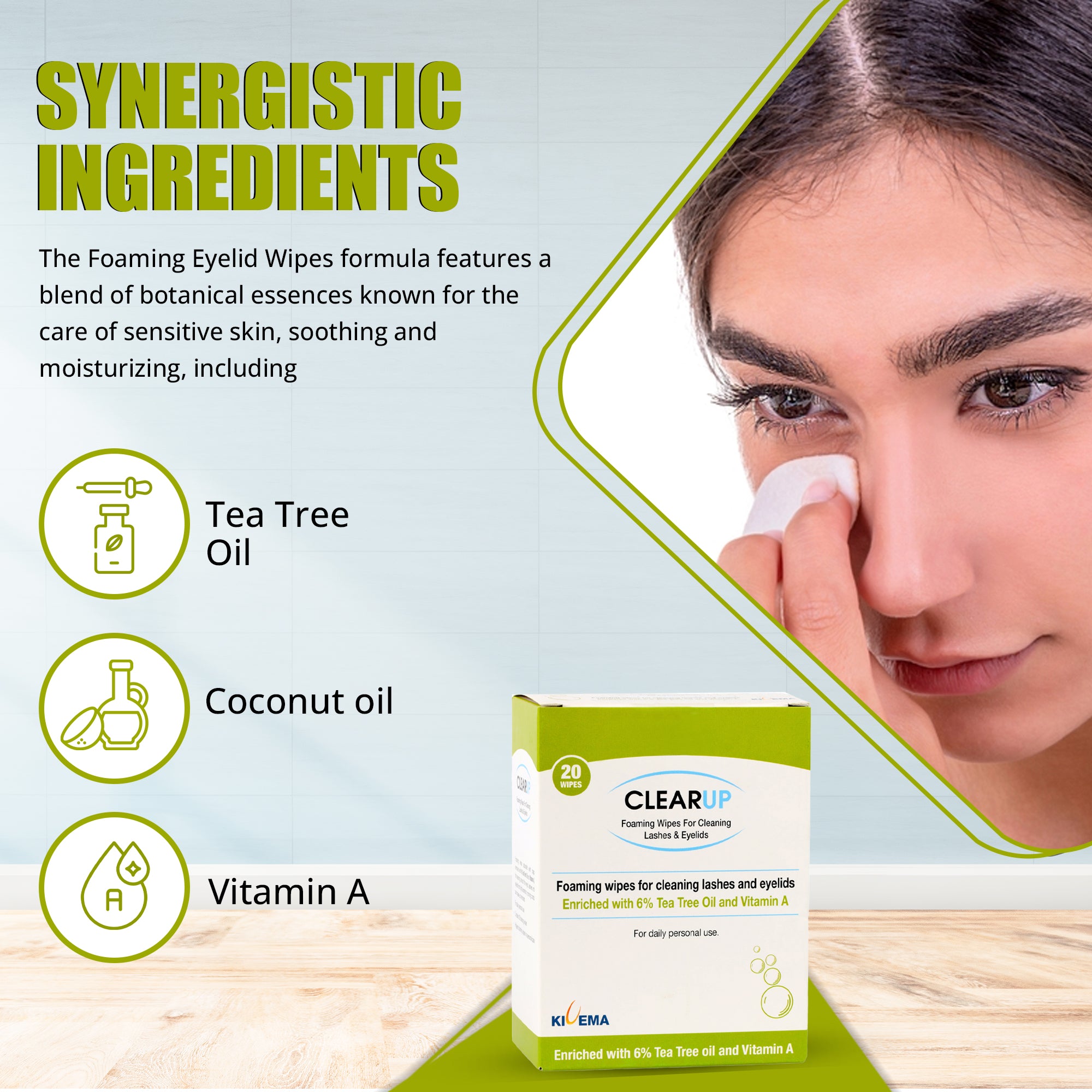 A pack of Eyelid Wipes with 6% Tea Tree Oil, showcasing the product's packaging and highlighting its natural ingredients.