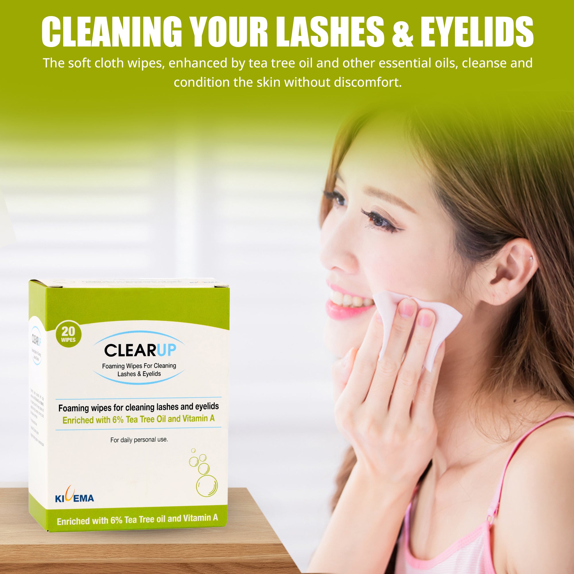 A pack of Eyelid Wipes with 6% Tea Tree Oil, showcasing the product's packaging and highlighting its natural ingredients.