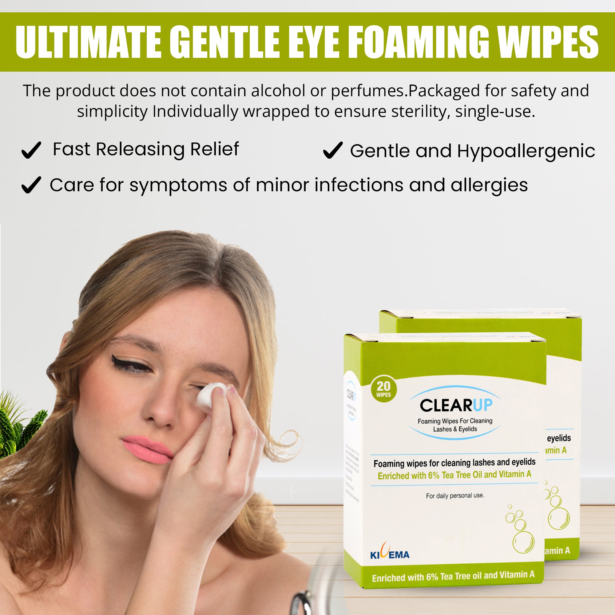 A pack of Eyelid Wipes with 6% Tea Tree Oil, showcasing the product's packaging and highlighting its natural ingredients.