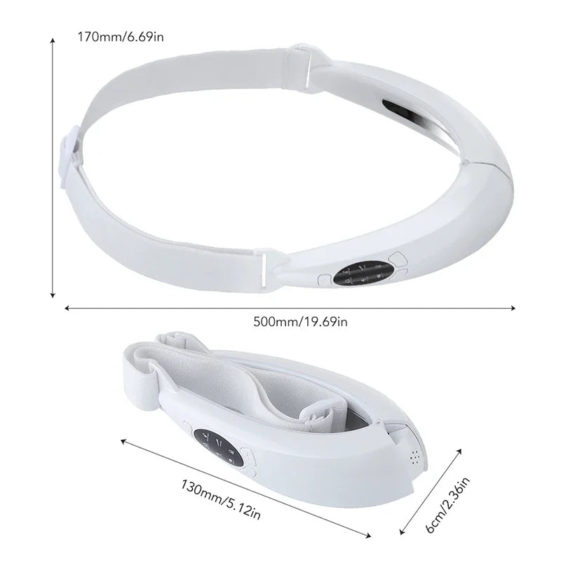 Face Lifter V-Line Up Face Lifting Belt in white, showcasing its adjustable design and control buttons for EMS vibration.