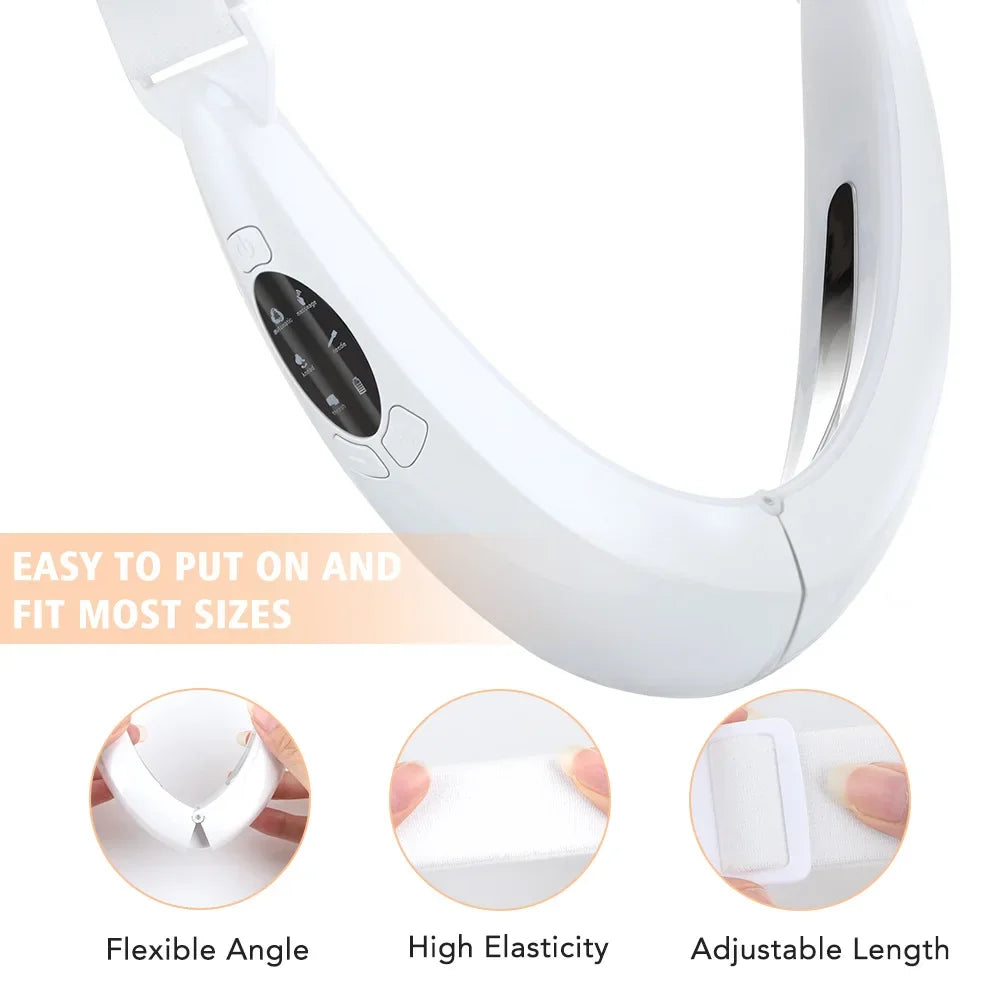 Face Lifter V-Line Up Face Lifting Belt in white, showcasing its adjustable design and control buttons for EMS vibration.