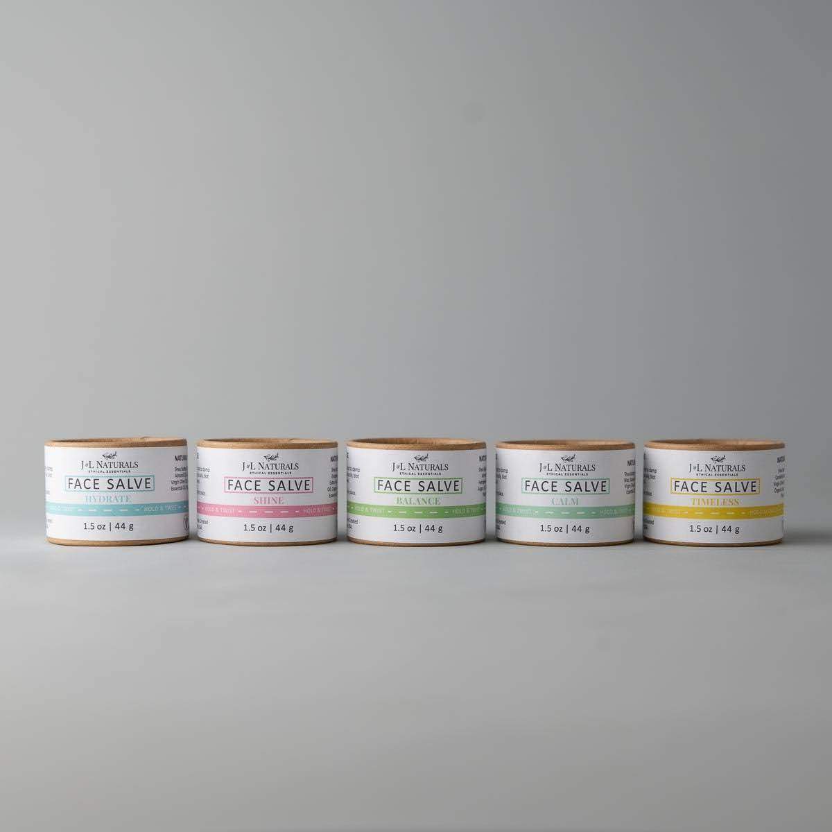 Five jars of ultra-nourishing face salve in a bundle, showcasing different formulas for various skin types.